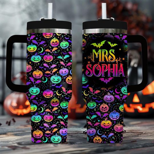 Discover Personalized Spooky Neon Halloween 40 Oz Tumbler, Halloween Tumbler, Halloween Gift, Spooky Season Tumbler, Pumpkin Ghost Gift