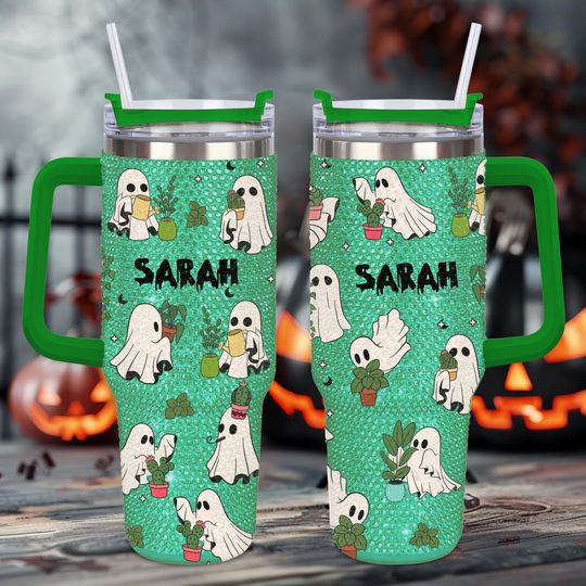 Custom Ghost Plant 40Oz Rhinestone Tumbler, Cute Halloween Gardener Halloween Bling Tumbler, Halloween Plant Lovers Gift, Ghost Gardening