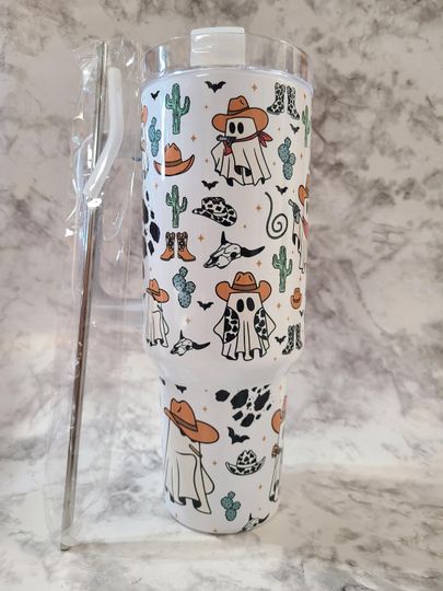 Discover Halloween Cowboy Ghost Tumbler , 40 oz tumbler with straw. gift for her, ice coffee cup, birthday gift for friend,  gift for mom,