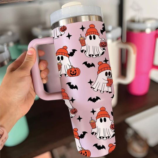 Discover Halloween Cute Ghost Drinking 40oz Tumbler, Spooky Iced Coffee Stainless Steel Cup, Halloween Insulated Cup Ghost Drinking Coffee Lover Gift