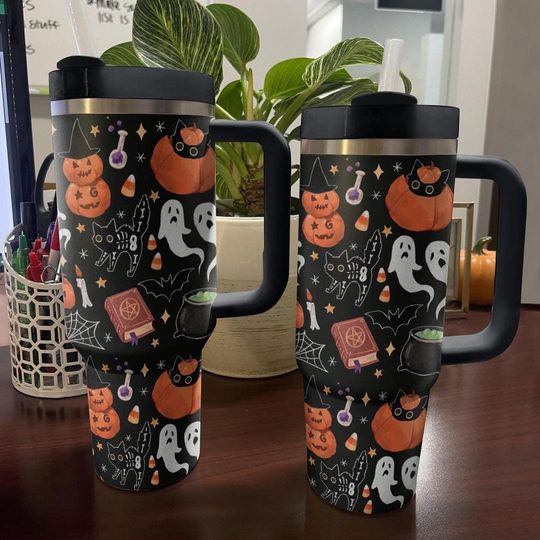 Discover Cat Pumpkins Happy Halloween Ghost 40oz Tumbler, 40oz Tumbler with Lid and Straw, Cute Ghost, Pumpkins Halloween 40oz, Halloween Mug Gift