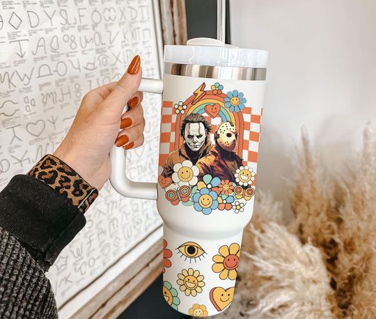Discover Hippie Halloween Tumbler 40oz With Handle, Horror Characters Tumbler 40Oz, Scary Movie Tumbler, Stainless Steel Tumbler, Insulated Tumbler