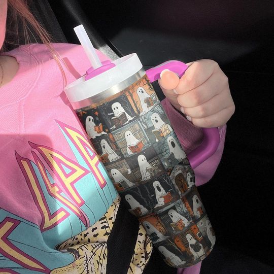 Discover Cute Ghost Reading Tumbler 40oz, Halloween Bookish 40oz Tumbler, Funny Reader Stainless Steel Tumbler with Lid and Straw, Halloween 40oz Cup