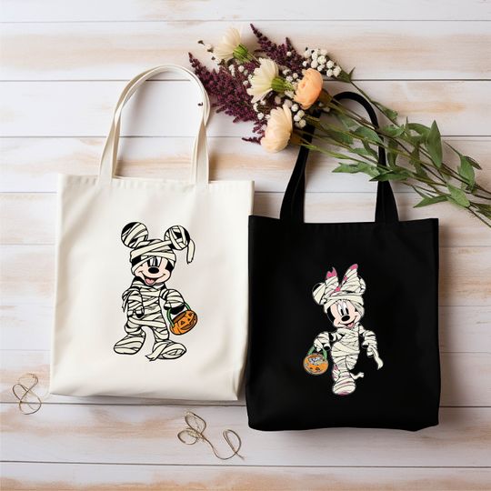 Discover Mickey And Minnie Mummy Halloween Tote Bag, Personalized Disney Kids Shopping Candy Bag, Disney Mummy Tote bag, Disney Custom Name Tote Bags