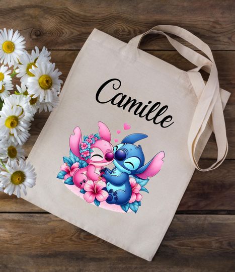 Tote bag Cotton bag personalized with your first name - Stitch and Angel Disney - children's nursery school