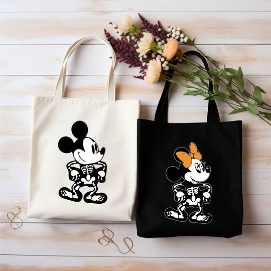 Discover Disney Skeleton Halloween Mickey Minnie Couple Matching Tote Bag, Disneyland Halloween Bag, Mickey Minnie Skeleton Halloween Party Tote Bag