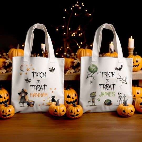 Discover Custom Halloween Tote Bag for Trick or Treat Add Personalised Name Initials Present Gift Kids Spooky Scary Jack-O-Lantern Pumpkin Accessory