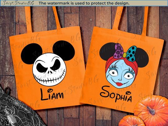 Personalized Jack and Sally Halloween Tote Bag, Trick or Treat Bag, Custom Tote Bag, Disney Trick or Treat Tote Bag, Halloween Candy Bag