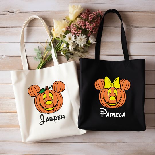Discover Custom Mickey Minnie Pumpkin Tote Bag, Trick or Treat Shopping Bag, Halloween Tote bag, Custom Name Tote Bag,Trick or Treat Personalized Bag