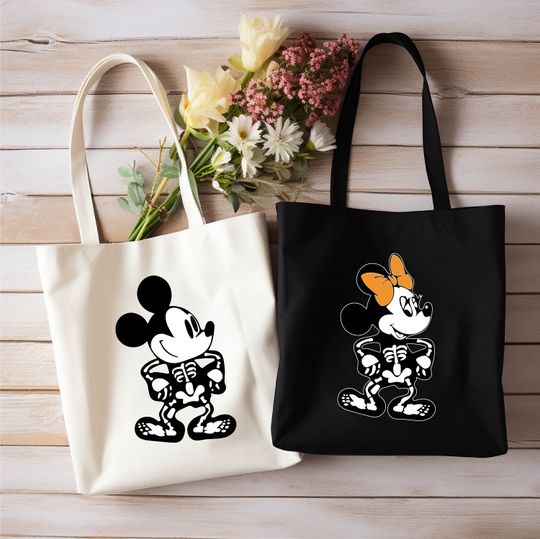 Discover Disney Skeleton Halloween Mickey Minnie Couple Matching Tote Bag, Disneyland Halloween Bag, Mickey Minnie Skeleton Halloween Party Tote Bag