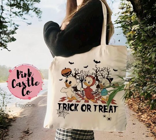 Discover Disney Halloween Trick or Treat Duck Canvas Tote Bag Foldable Reusable Shoulder Bag For Shopping Travel Daily Commute Perfect Gift Stylish