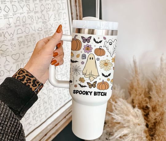 Discover Spooky Ghost Halloween Tumbler 40oz With Handle, Flower Ghost Tumbler 40Oz, Boo Tumbler 40oz, Stainless Steel Tumbler, Insulated Tumbler