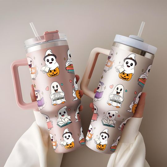Discover Cute Ghost Reading Halloween Tumbler 40oz, Halloween Bookish 40oz Tumbler, Funny Reader Stainless Steel Tumbler with Lid and Straw, 40oz Cup