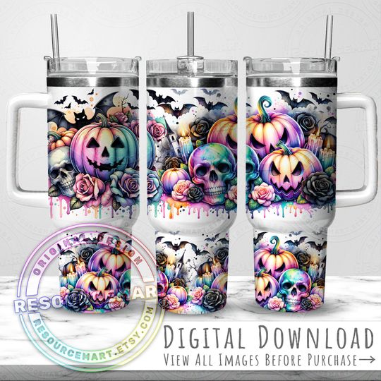 Discover Halloween Seamless 40oz Tumbler Wrap Design, pastel skulls pumpkins roses 40 oz ounce stanley cup sublimation  , spooky season handle cup