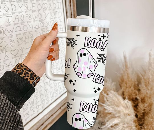 Discover Polka Dot Boo Ghost Halloween Tumbler 40oz With Handle, Ghost Tumbler 40Oz, Spooky Tumbler 40oz, Stainless Steel Tumbler, Insulated Tumbler