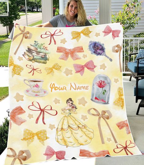 Personalized Watercolor Coquette Bows Beauty and the Beast Disney Princess Belle Blanket