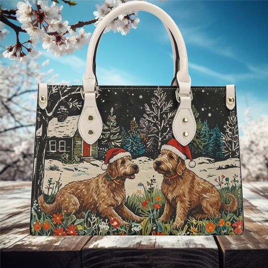 Christmas winter Handbag shoulder leather goldendoodle dogs whimsical Holiday old fashion design, Dog animal lover