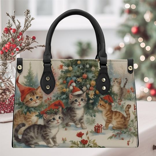 Handbag shoulder leather whimsical fun cute Christmas Holiday Kittens cats old fashion Christmas winter design