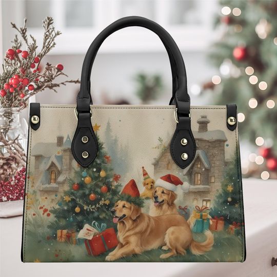 Handbag shoulder leather whimsical fun cute Holiday Golden retriever dog old fashion Christmas winter design