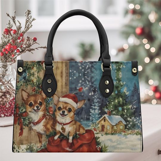 Handbag shoulder leather whimsical chihuahua fun cute Christmas Holiday dog old fashion Christmas winter design