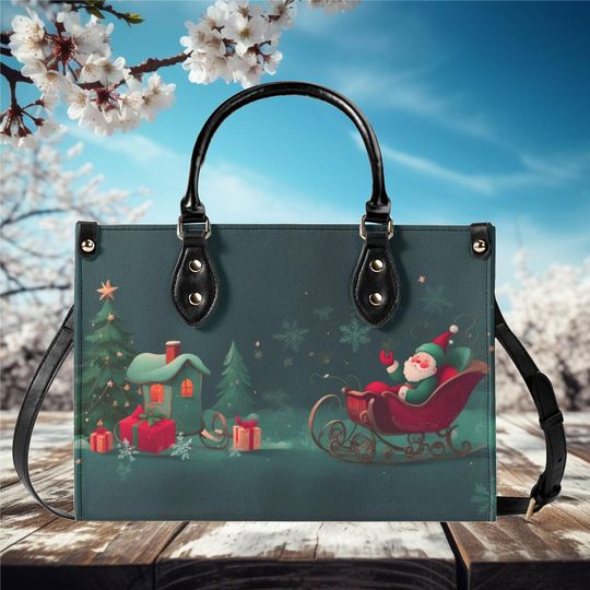 Discover Luxury Women leather Handbag  3 sizes beautiful Christmas Tree presents Santa Clause house Holiday fall winter season design