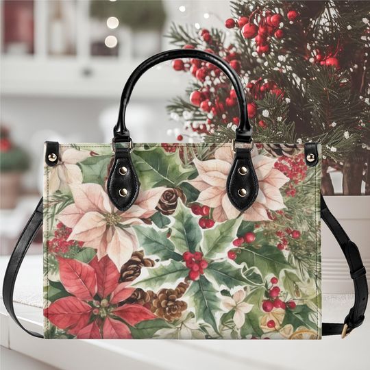 Discover Luxury Women leather Handbag poinsettia floral flower botanical pinecone Christmas Holiday winter season design