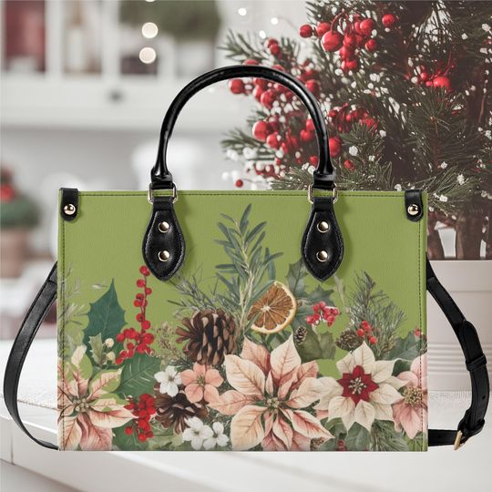 Discover Luxury Women leather Handbag 3 sizes poinsettia floral botanical pinecone Christmas Holiday winter season design
