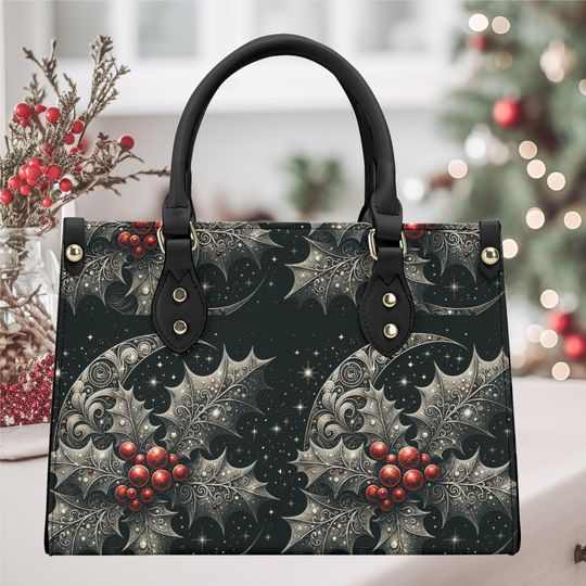 Handbag shoulder bag leather, Glittery Christmas Holiday fall red berry black silver holly winter season design