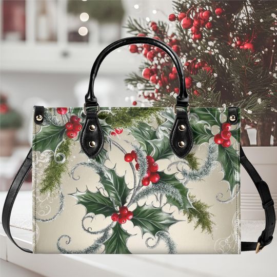 Discover Luxury Women leather Handbag 3 sizes beautiful Christmas garland and red berry holly Holiday fall winter season design