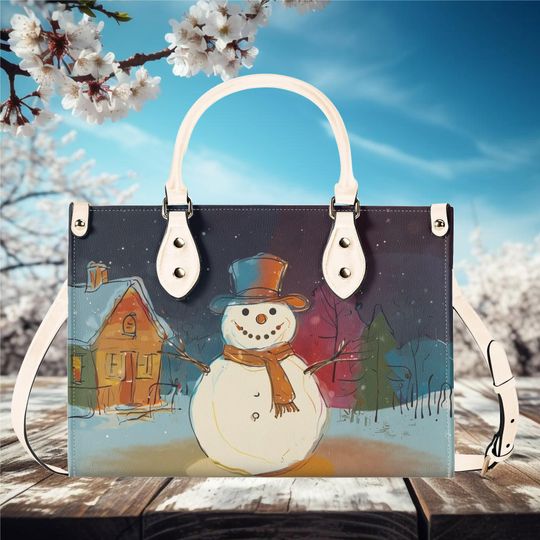Luxury Women leather Handbag 3 sizes beautiful Christmas Holiday fall winter Snowman farmhouse whimsical season design