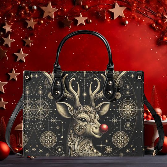 Luxury Women leather Handbag Christmas Holiday winter whimsical gold red nosed reindeer black season design  3 sizes