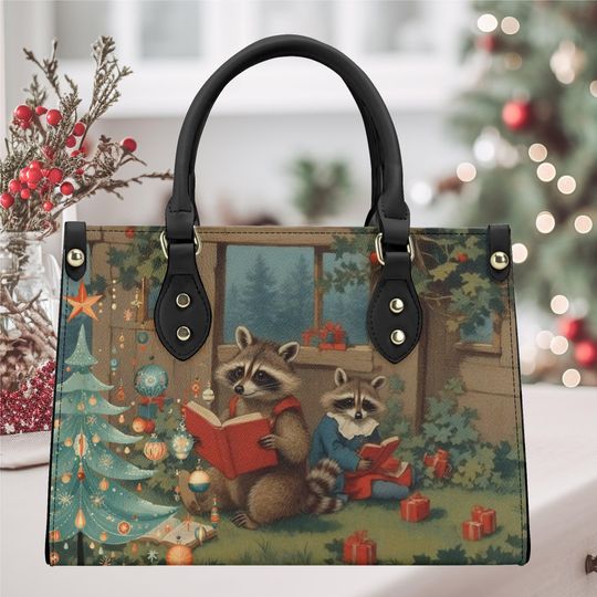 Discover Christmas whimsical Christmas tree racoon reading books design handbag shoulder bag leather cute fun, No strap