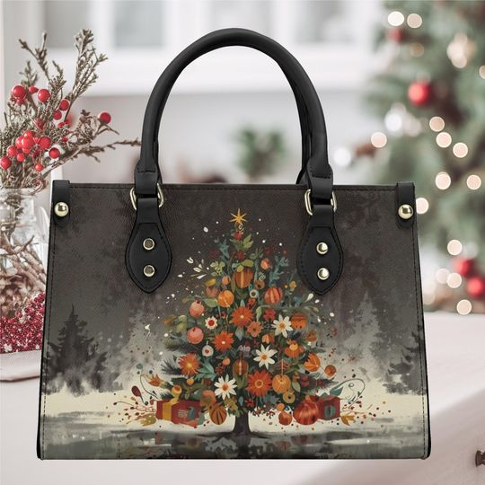 Christmas Tree holiday winter Handbag shoulder leather tree scene boho retro  design for your holiday party No strap