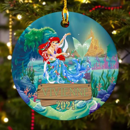 Discover Personalized Princess Mermaid Ceramic Christmas Ornament, Princess Customized 2024 Christmas Tree Decor, Mermaid Princess Xmas Gift For Kid