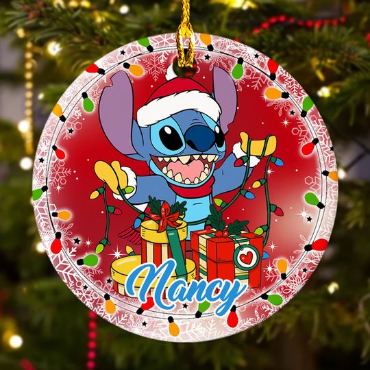 Discover Personalized Stitchmas Ceramic Christmas Ornament, Blue Monster Customized 2024 Christmas Tree Decor, Alien Dog Santa Xmas Gift For Kid