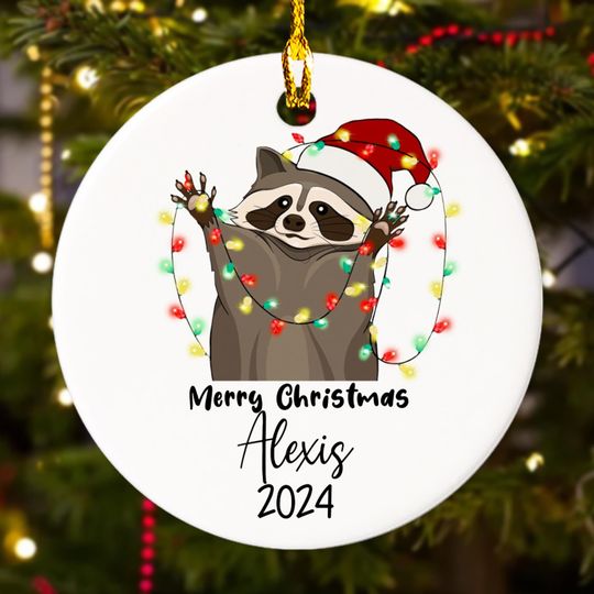 Discover Personalized Ornament Merry Christmas, Cute Raccoon Dog With Xmas Light Ornament, Customized 2024 Christmas Tree Decor Gift For Kid