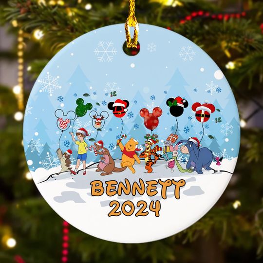 Discover Personalized Bear And Friends Santa Hat Christmas Ornament, Mouse Balloon Ceramic Customized 2024 Christmas Tree Decor, Gift For Kid