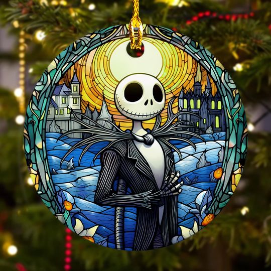 Stained Glass Scary Christmas Ornament, Nightmare 2024 Christmas Tree Decor, Skeleton Stained Glass Ornament, Nightmare Xmas Gift For Kid