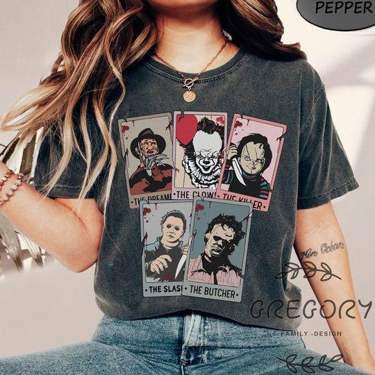 Vintage Horror Characters Tarot Card Comfort Color Shirt, Horror Sweatshirt, Horror Friends Sweatshirt, Halloween Tarot Cards  Party Shirt