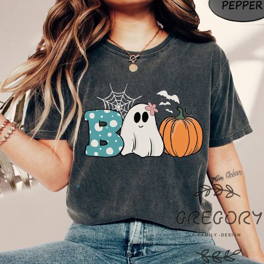 Discover Super Fun BOO with Ghost and Pumpkin Comfort Color Shirt, Halloween Town University Sweatshirt,  Pumpkin Face Shirt, Cute Boo Spooky Season