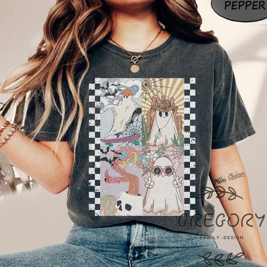 Discover Retro Halloween Comfort Colors Shirt, Cute Ghost Halloween Sweatshirt, Spooky Tee, Tarot Cards Shirt, Women Halloween Tee,Fall Womens Tee