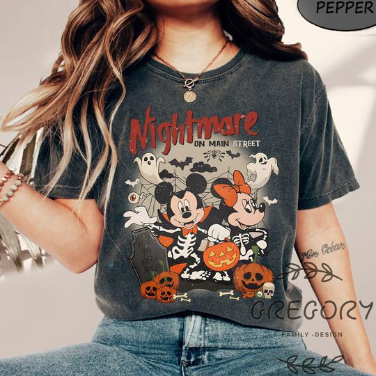 Discover Retro Mickey Minnie Spooky Halloween Comfort Colors Shirts, Vintage Disney Halloween Pumpkin Sweatshirt, Nightmare On The Main Street Shirt