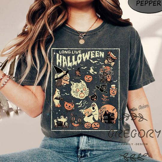 Discover Long Live Halloween Comfort Color Shirt, Vintage Halloween Witch Shirt, Vintage Black Cat, Retro Ghost Shirt, Fall Apparel,spooky season