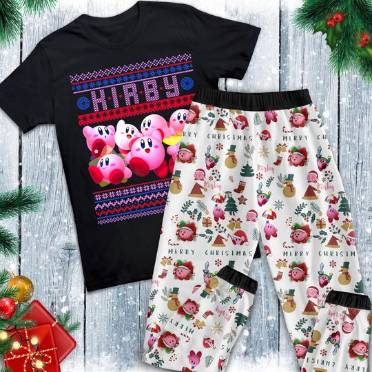 Kirby Holiday Pajamas Set, Kirby Family Pajamas, Kirby Family Christmas Pajamas Set.