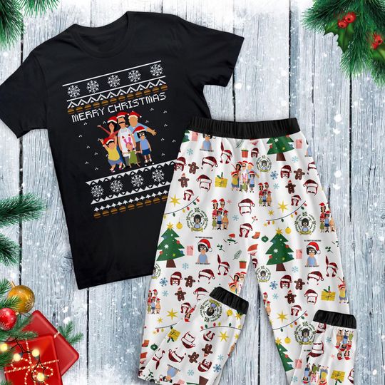 Bob's Burger Holiday Pajamas Set, Bob's Burger Family Pajamas, Bob's Burger Family Christmas Pajamas Set.