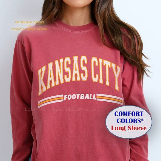 Kansas City Football Shirt Long Sleeve, KC Football Shirt, Comfort Colors, Kansas City Football Fan Gift, KC Tshirt, For Women & Men