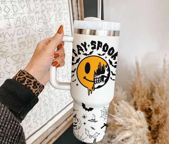 Discover Smile Skull Tumbler 40oz With Handle, Stay Spooky Tumbler 40oz, Happy Halloween Tumbler 40oz, Stainless Steel Tumbler, Insulated Tumbler