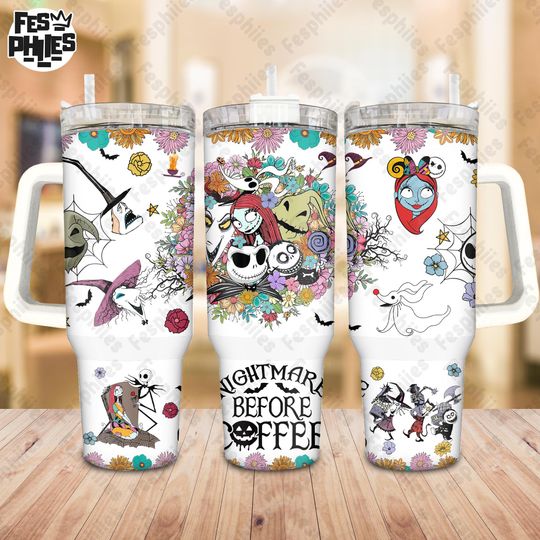 Floral Halloween 40 oz Quencher Tumbler Wrap Sublimation Design, Nightmare Horror Coffee 40oz Tumbler