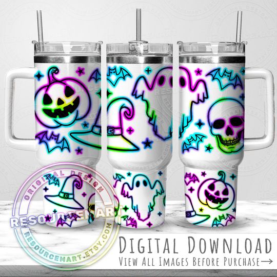 Discover Neon Halloween 40oz Sublimation Tumbler Wrap Design, neon skulls pumpkins ghost witch hat bats 40 oz ounce stanley cup  , spooky season