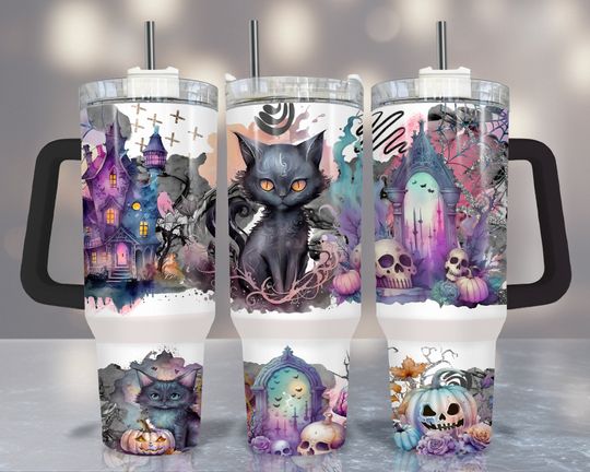 Discover Pastel Halloween 40 oz Tumbler   2 Piece Halloween Tumbler 40oz Quencher Design Black Cat Seamless Tumbler With Handle